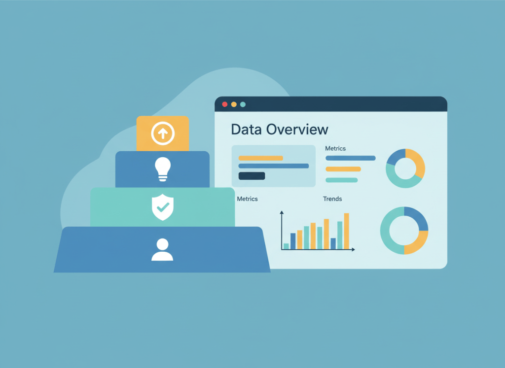 Illustration of four rising layers next to an analytics dashboard